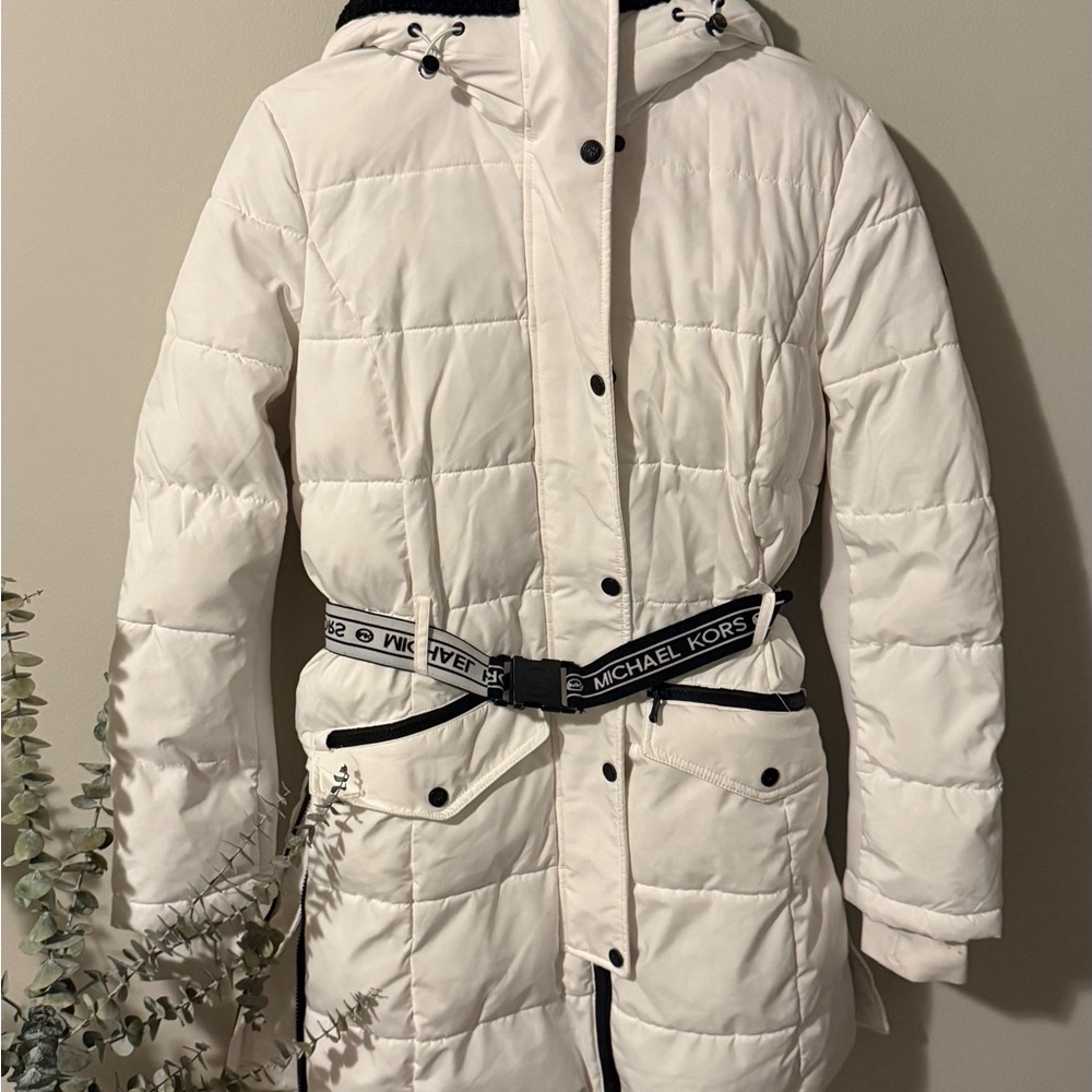Michael Kors Women's White Puffer Coat with Belt